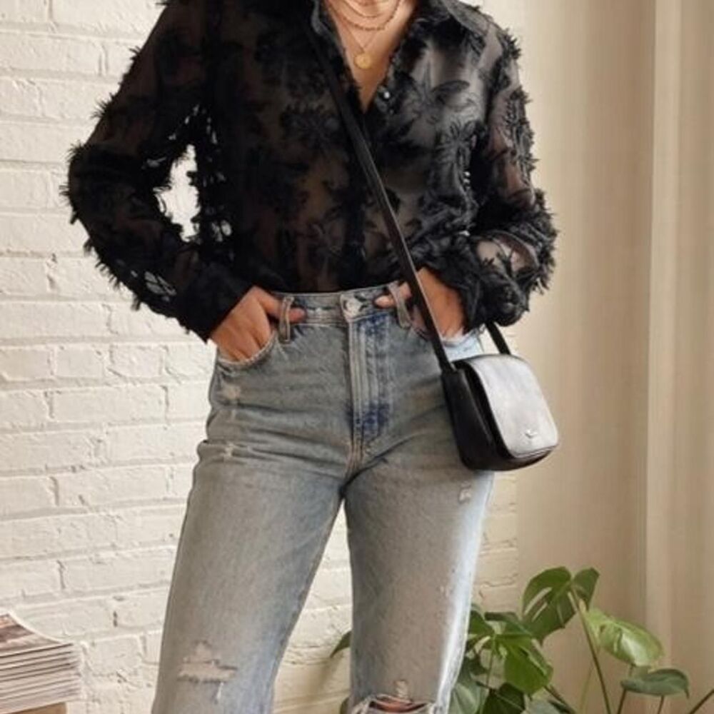 Zara Black Sheer Textured Leaf Fringe Button-Down Blouse / Size M